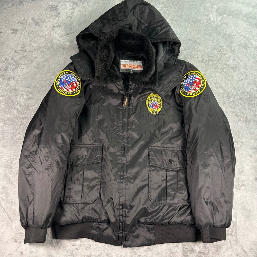 Tuff Guard Security Specialists Group Bomber Jacket Black Hooded Mens Small